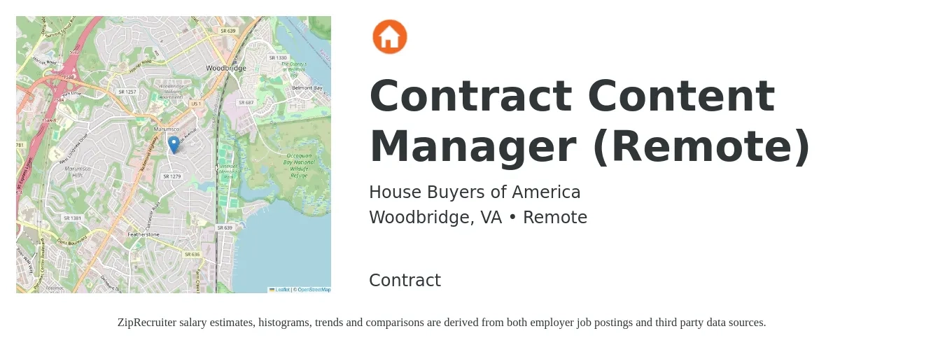 House Buyers of America job posting for a Contract Content Manager (Remote) in Woodbridge, VA with a salary of $27 to $46 Hourly with a map of Woodbridge location.