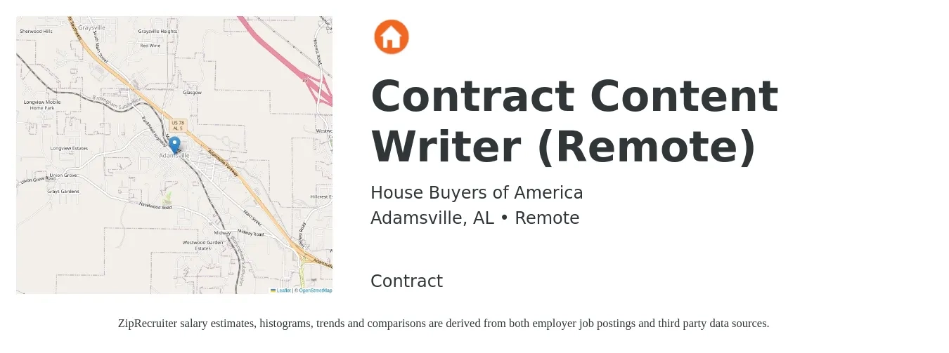 House Buyers of America job posting for a Contract Content Writer (Remote) in Adamsville, AL with a salary of $24 to $47 Hourly with a map of Adamsville location.