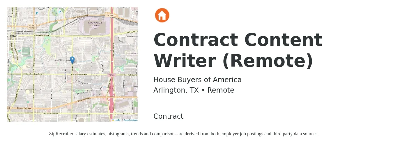 House Buyers of America job posting for a Contract Content Writer (Remote) in Arlington, TX with a salary of $23 to $45 Hourly with a map of Arlington location.