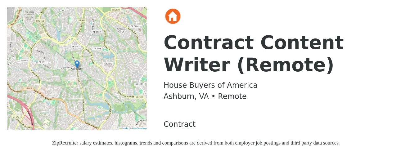 House Buyers of America job posting for a Contract Content Writer (Remote) in Ashburn, VA with a salary of $25 to $49 Hourly with a map of Ashburn location.