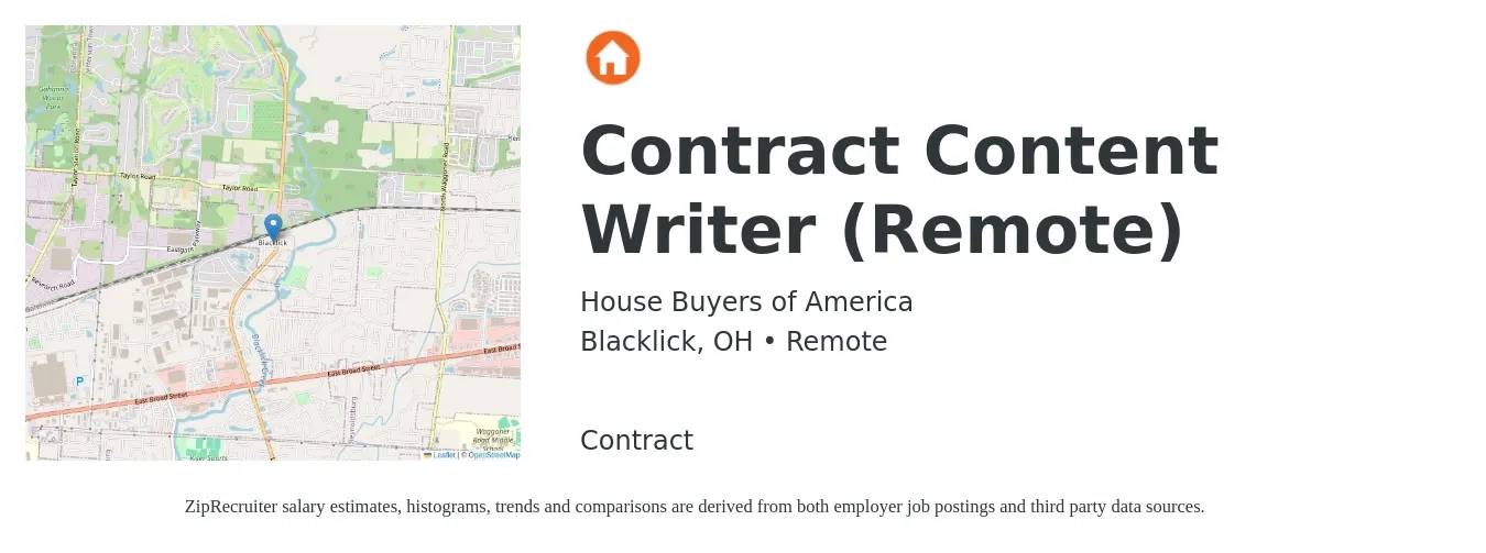 House Buyers of America job posting for a Contract Content Writer (Remote) in Blacklick, OH with a salary of $24 to $47 Hourly with a map of Blacklick location.