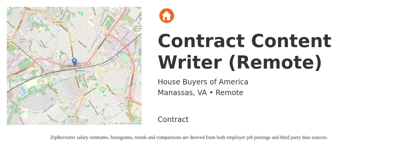 House Buyers of America job posting for a Contract Content Writer (Remote) in Manassas, VA with a salary of $24 to $48 Hourly with a map of Manassas location.