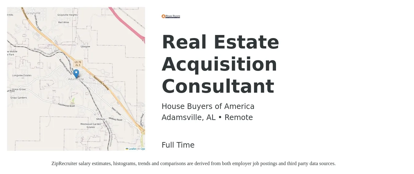 House Buyers of America job posting for a Real Estate Acquisition Consultant in Adamsville, AL with a salary of $89,000 to $89,500 Yearly with a map of Adamsville location.