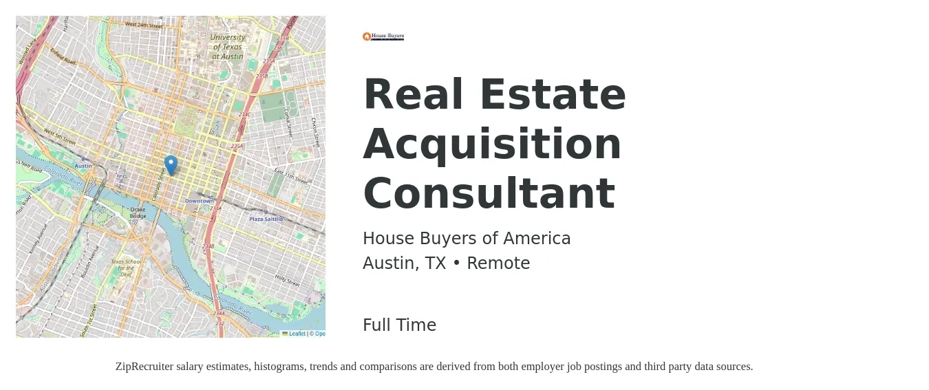 House Buyers of America job posting for a Real Estate Acquisition Consultant in Austin, TX with a salary of $89,700 to $90,200 Yearly with a map of Austin location.