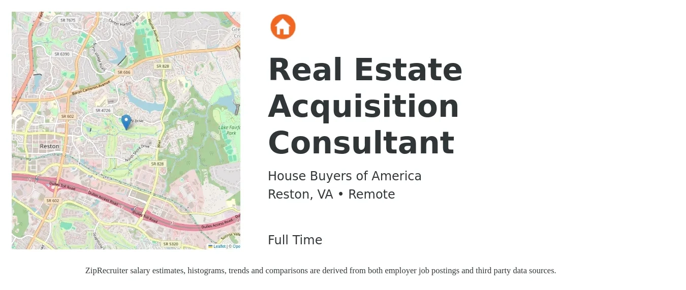 House Buyers of America job posting for a Real Estate Acquisition Consultant in Reston, VA with a salary of $95,900 to $96,400 Yearly with a map of Reston location.