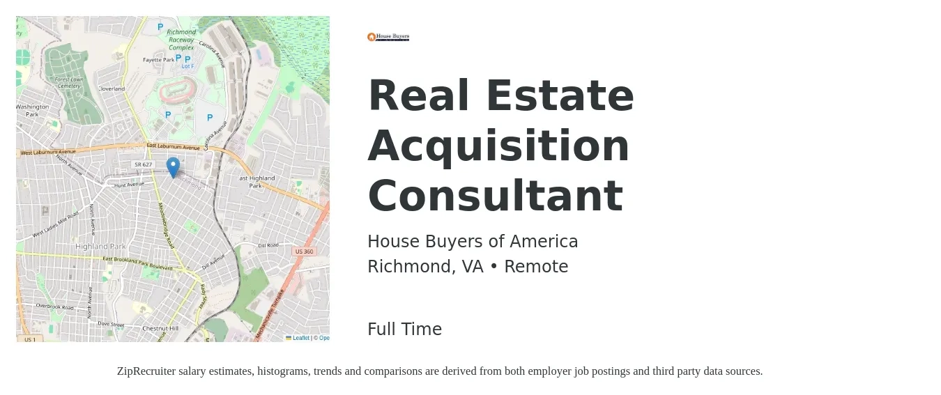 House Buyers of America job posting for a Real Estate Acquisition Consultant in Richmond, VA with a salary of $91,300 to $91,700 Yearly with a map of Richmond location.