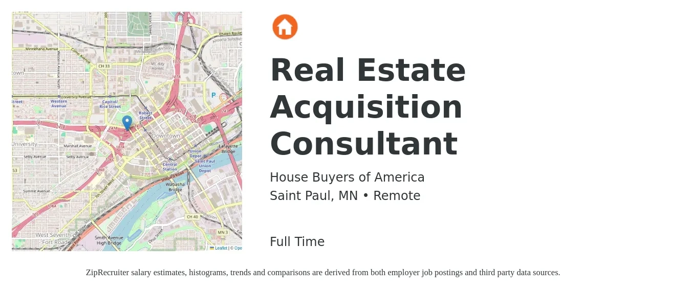 House Buyers of America job posting for a Real Estate Acquisition Consultant in Saint Paul, MN with a salary of $97,400 to $97,900 Yearly with a map of Saint Paul location.