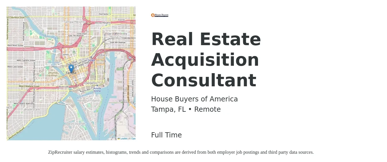 House Buyers of America job posting for a Real Estate Acquisition Consultant in Tampa, FL with a salary of $86,900 to $87,400 Yearly with a map of Tampa location.