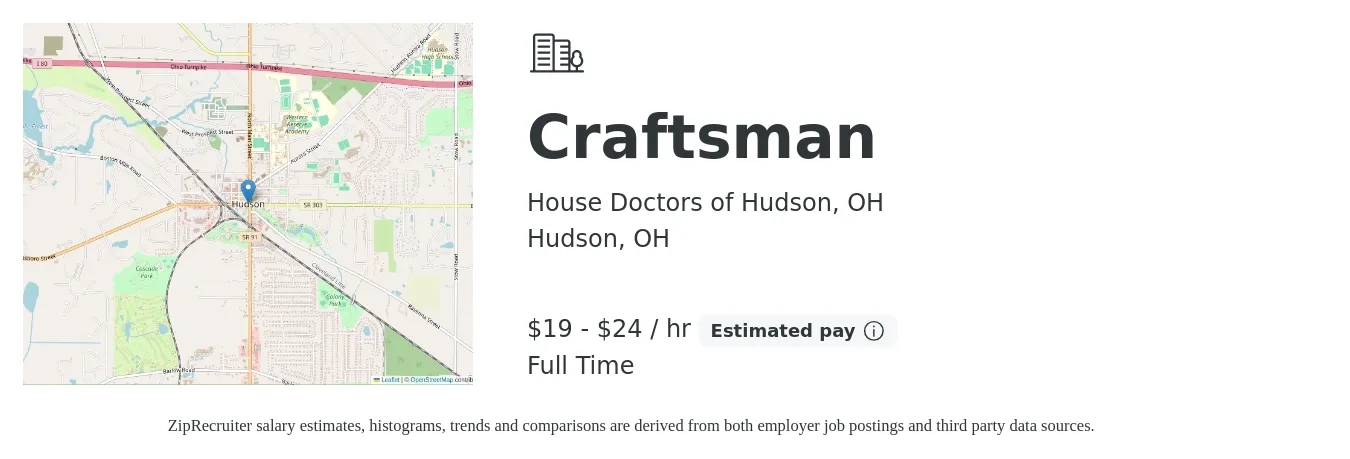 House Doctors of Hudson, OH job posting for a Craftsman in Hudson, OH with a salary of $20 to $25 Hourly with a map of Hudson location.