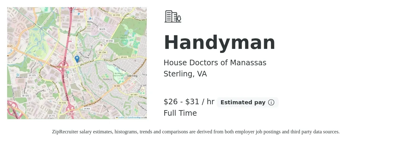 House Doctors of Manassas job posting for a Handyman in Sterling, VA with a salary of $28 to $33 Hourly with a map of Sterling location.