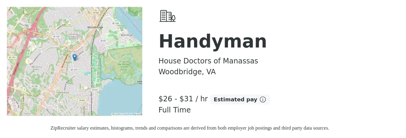 House Doctors of Manassas job posting for a Handyman in Woodbridge, VA with a salary of $28 to $33 Hourly with a map of Woodbridge location.