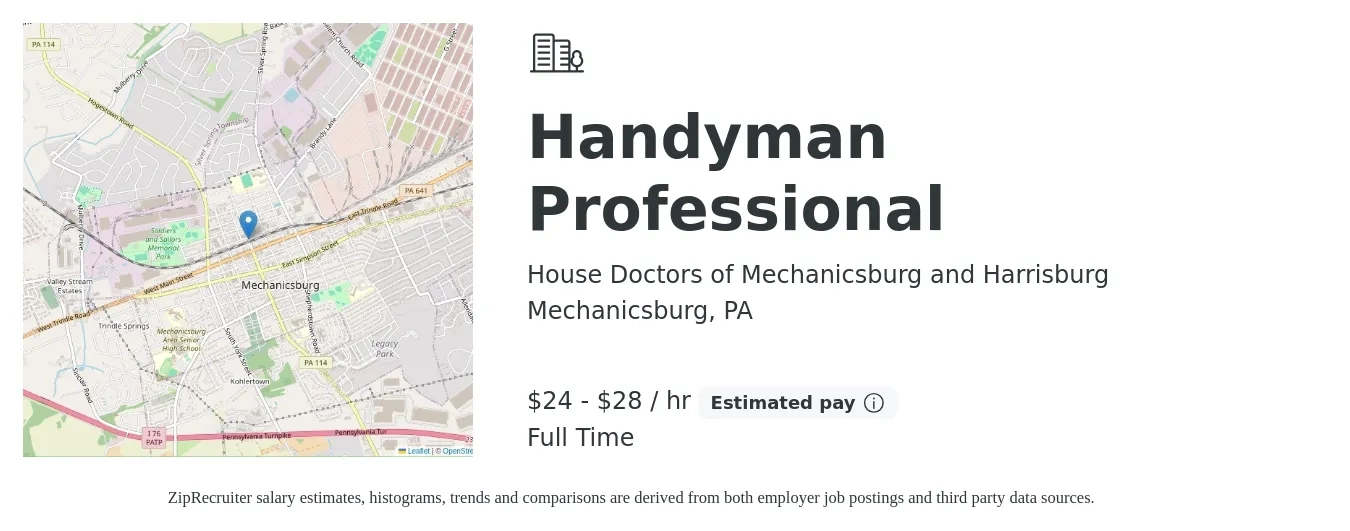 House Doctors of Mechanicsburg and Harrisburg job posting for a Handyman Professional in Mechanicsburg, PA with a salary of $25 to $30 Hourly with a map of Mechanicsburg location.