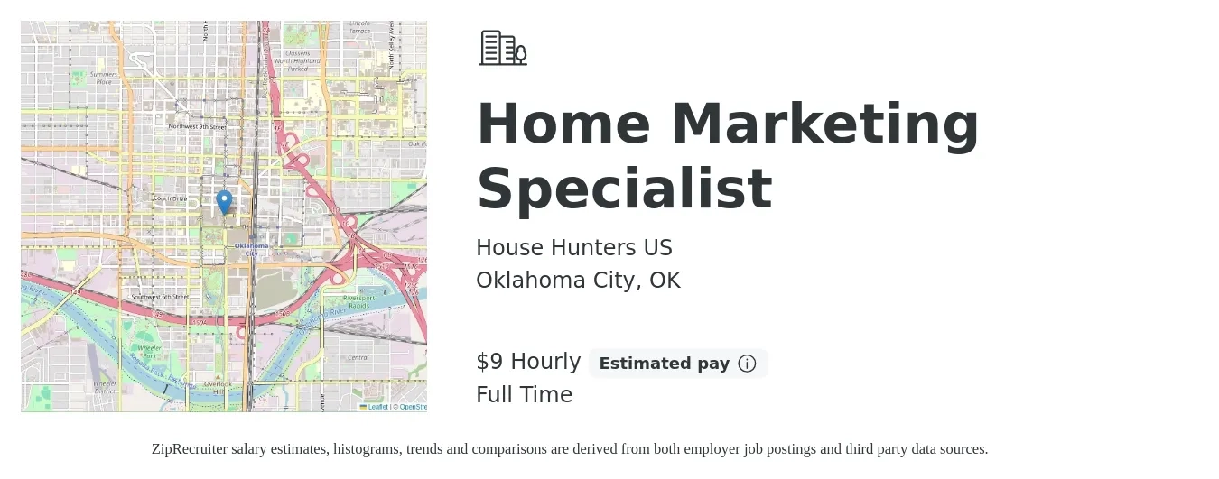 House Hunters US job posting for a Home Marketing Specialist in Oklahoma City, OK with a salary of $44,100 to $65,000 Yearly with a map of Oklahoma City location.