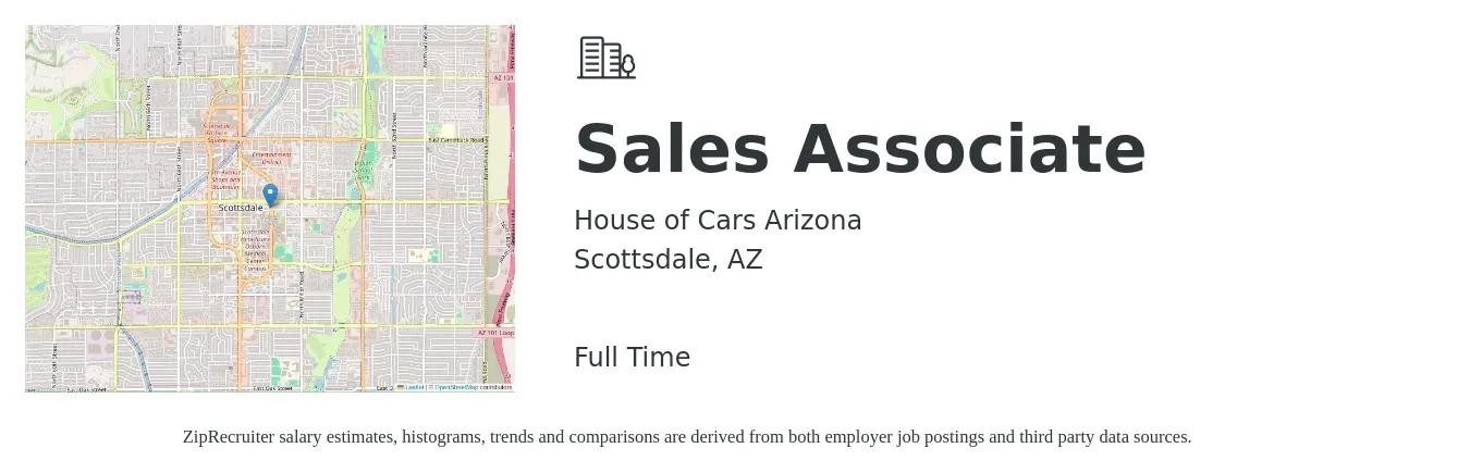 House of Cars Arizona job posting for a Sales Associate in Scottsdale, AZ with a salary of $14 to $18 Hourly with a map of Scottsdale location.