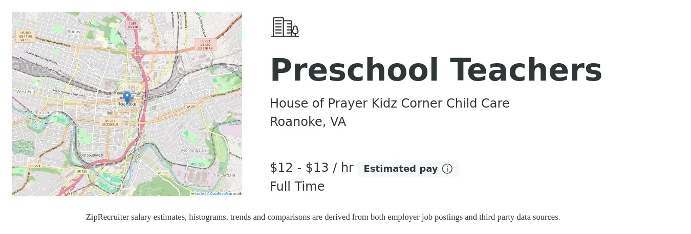 House of Prayer Kidz Corner Child Care job posting for a Preschool Teachers in Roanoke, VA with a salary of $13 to $14 Hourly with a map of Roanoke location.