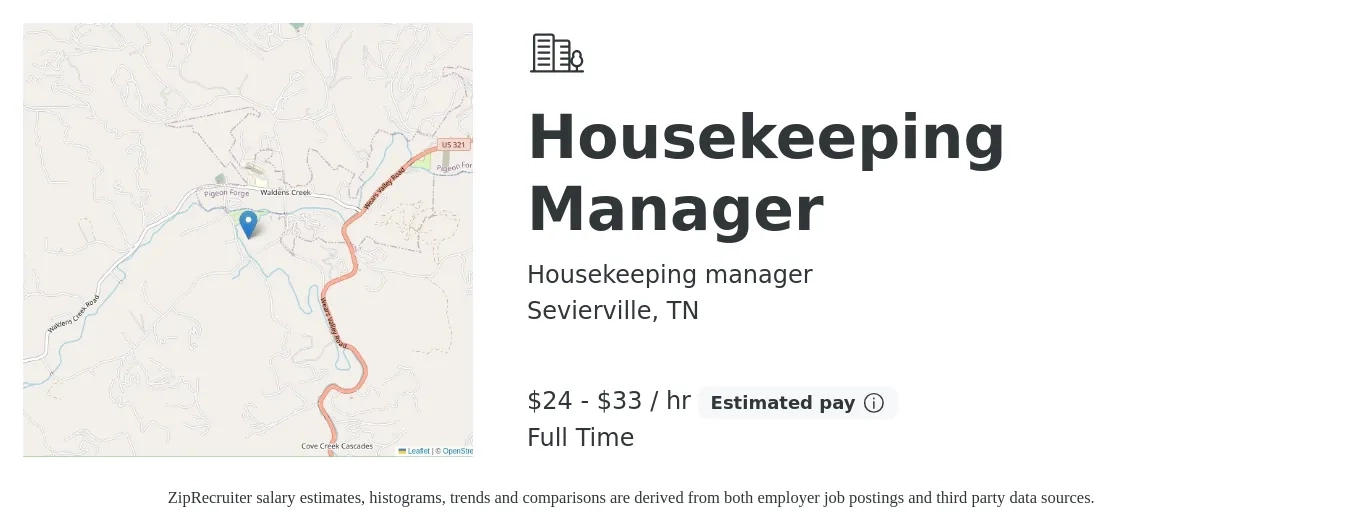 Housekeeping manager job posting for a Housekeeping Manager in Sevierville, TN with a salary of $25 to $35 Hourly with a map of Sevierville location.