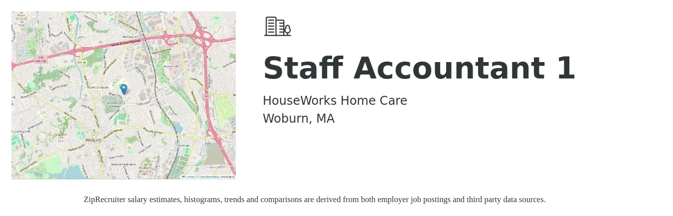 HouseWorks Home Care job posting for a Staff Accountant 1 in Woburn, MA with a salary of $60,200 to $79,300 Yearly with a map of Woburn location.
