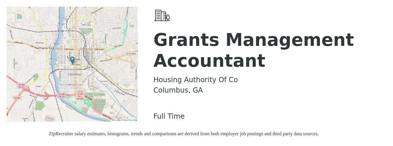 Housing Authority Of Co job posting for a Grants Management Accountant in Columbus, GA with a salary of $48,000 to $70,400 Yearly with a map of Columbus location.