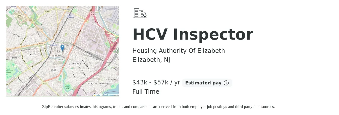 Housing Authority Of Elizabeth job posting for a HCV Inspector in Elizabeth, NJ with a salary of $43,645 to $57,000 Yearly with a map of Elizabeth location.
