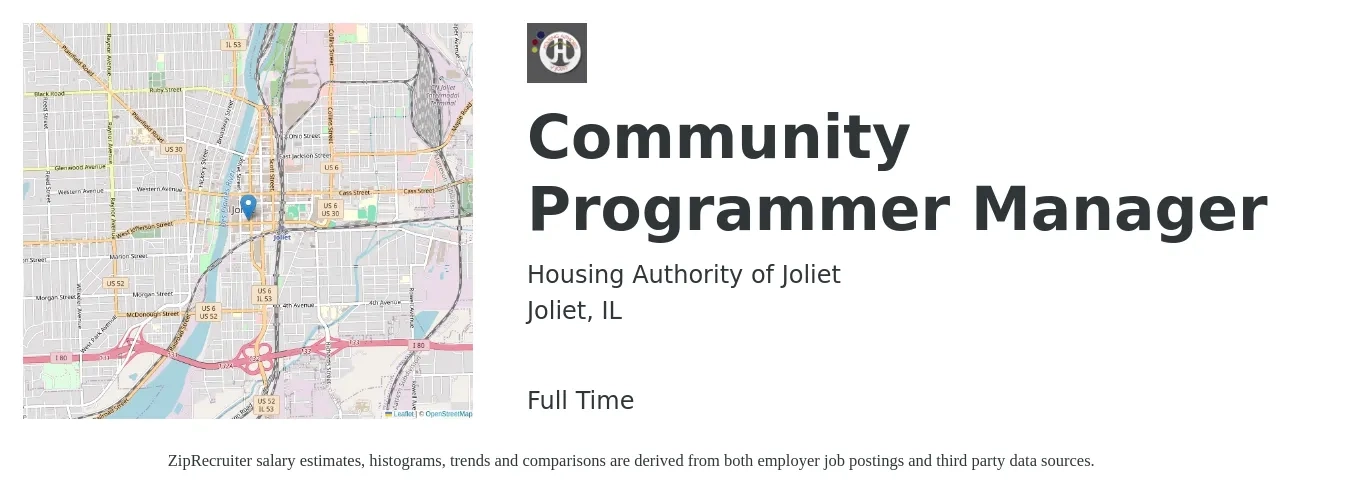 Housing Authority of Joliet job posting for a Community Programmer Manager in Joliet, IL with a salary of $26 to $52 Hourly with a map of Joliet location.