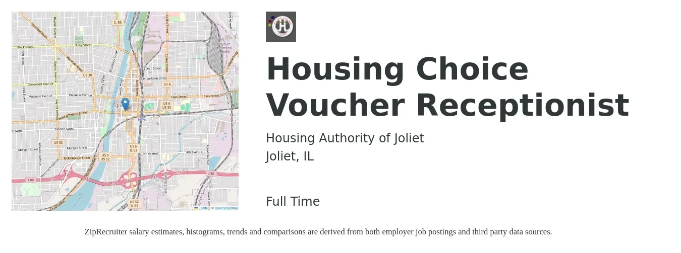 Housing Authority of Joliet job posting for a Housing Choice Voucher Receptionist in Joliet, IL with a salary of $15 to $20 Hourly with a map of Joliet location.