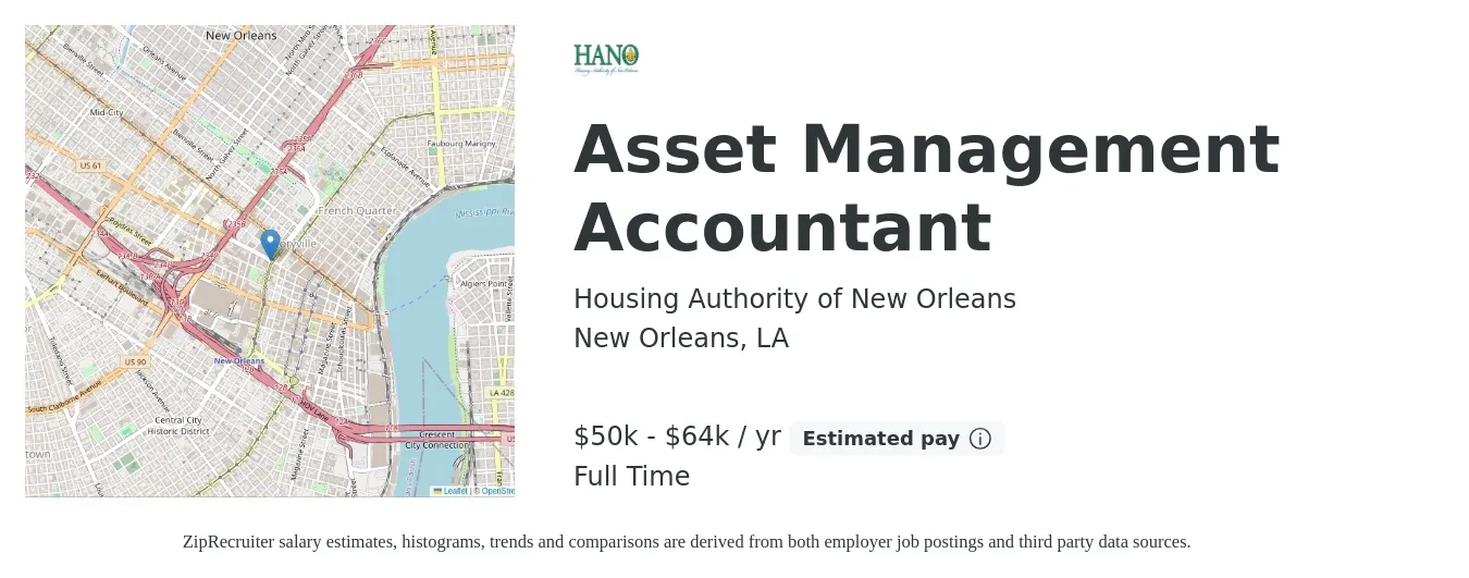 Housing Authority of New Orleans job posting for a Asset Management Accountant in New Orleans, LA with a salary of $50,500 to $64,300 Yearly with a map of New Orleans location.
