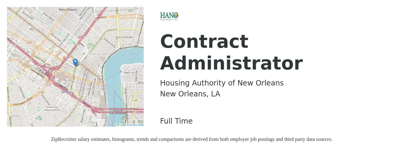 Housing Authority of New Orleans job posting for a Contract Administrator in New Orleans, LA with a salary of $54,200 to $83,600 Yearly with a map of New Orleans location.