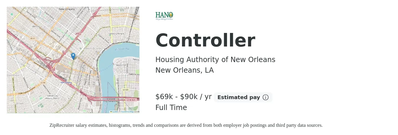 Housing Authority of New Orleans job posting for a Controller in New Orleans, LA with a salary of $69,800 to $90,600 Yearly with a map of New Orleans location.