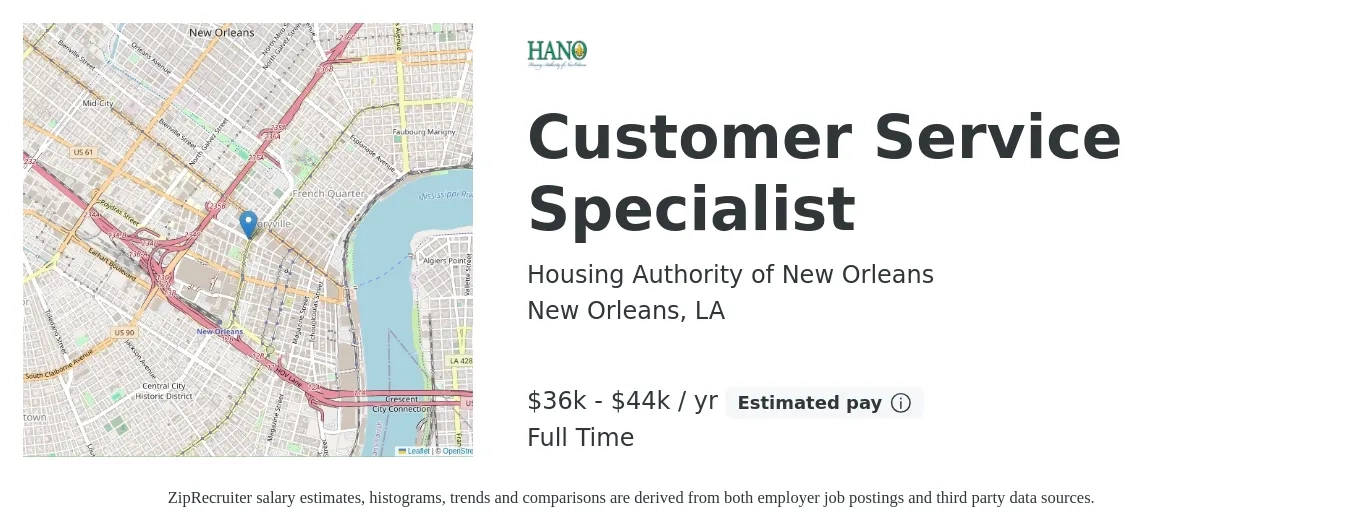 Housing Authority of New Orleans job posting for a Customer Service Specialist in New Orleans, LA with a salary of $36,400 to $44,500 Yearly with a map of New Orleans location.