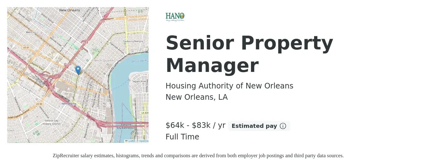 Housing Authority of New Orleans job posting for a Senior Property Manager in New Orleans, LA with a salary of $64,000 to $83,100 Yearly with a map of New Orleans location.