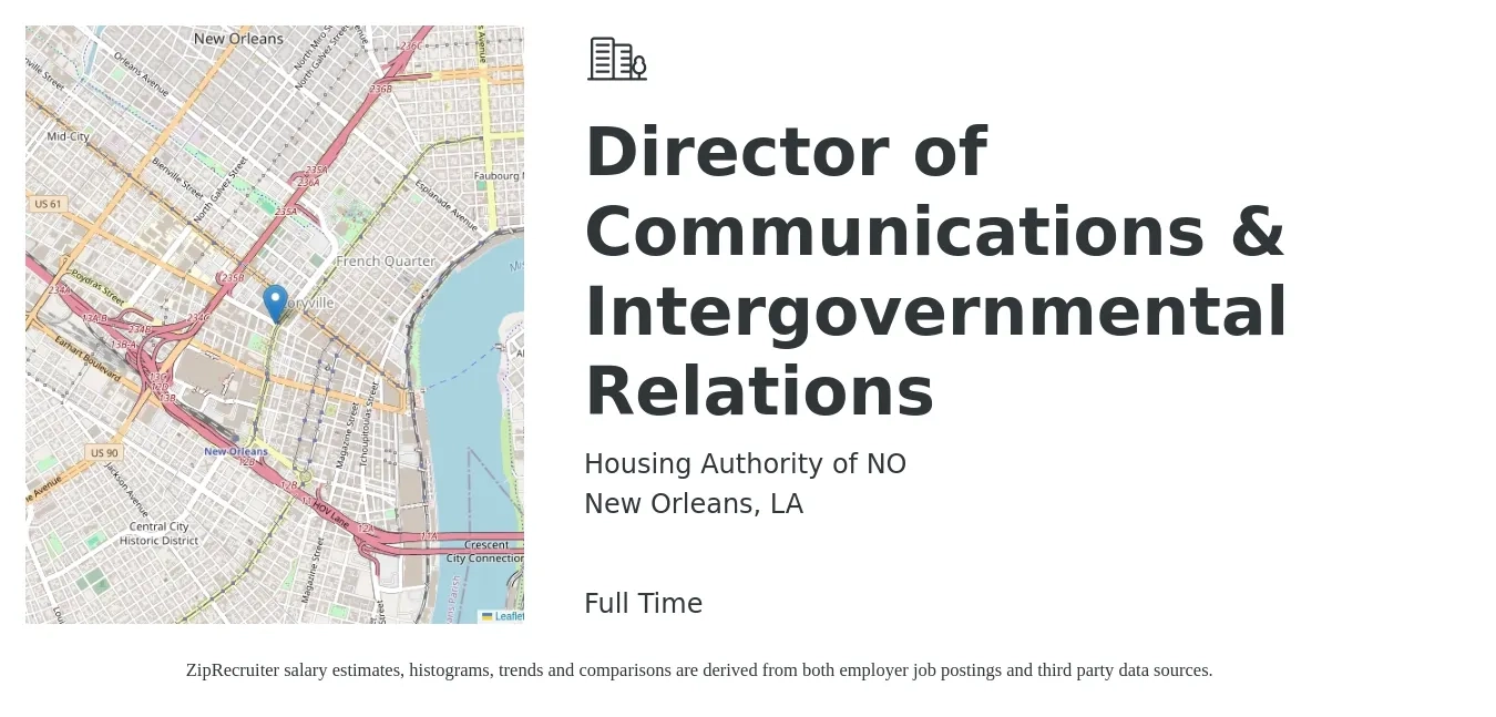 Housing Authority of NO job posting for a Director of Communications & Intergovernmental Relations in New Orleans, LA with a salary of $80,300 to $123,500 Yearly with a map of New Orleans location.