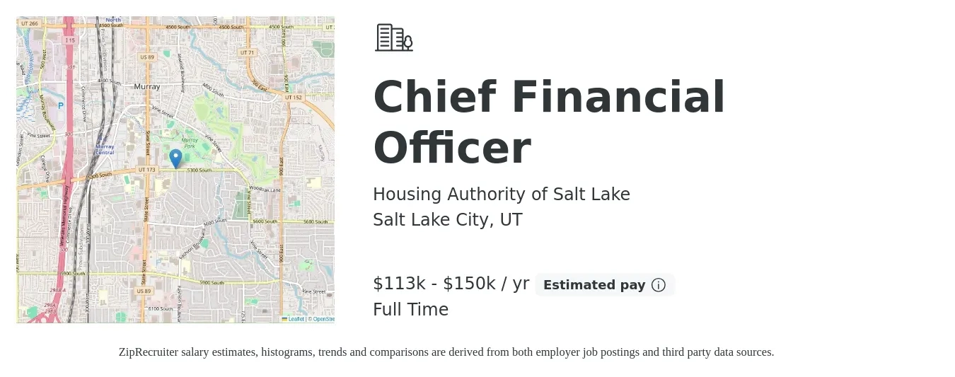 Housing Authority of Salt Lake job posting for a Chief Financial Officer in Salt Lake City, UT with a salary of $129,500 to $367,400 Yearly with a map of Salt Lake City location.