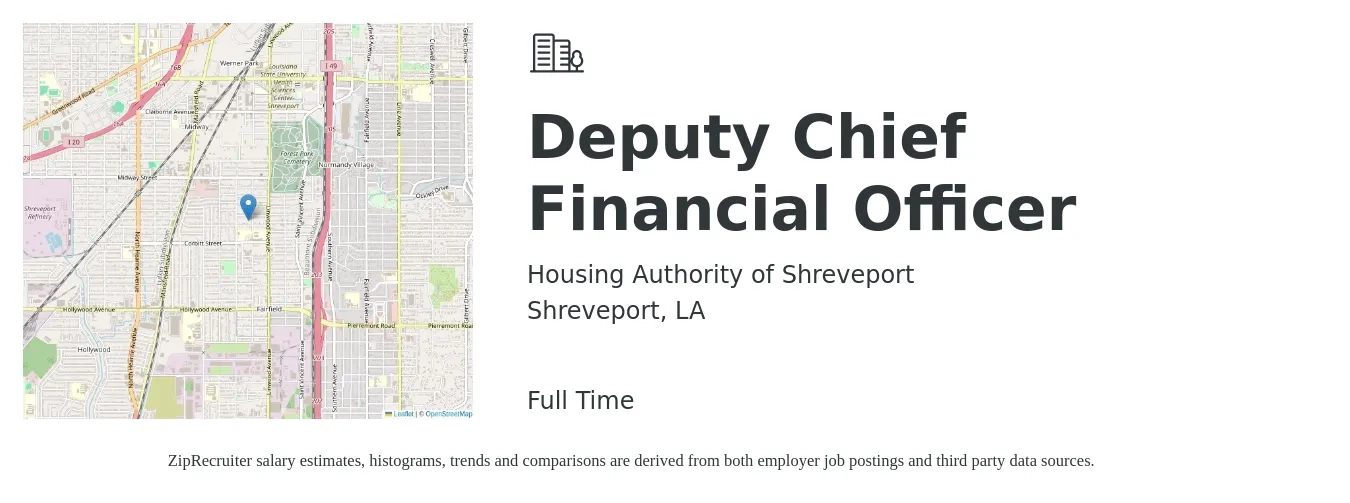 Housing Authority of Shreveport job posting for a Deputy Chief Financial Officer in Shreveport, LA with a salary of $91,600 to $119,200 Yearly with a map of Shreveport location.