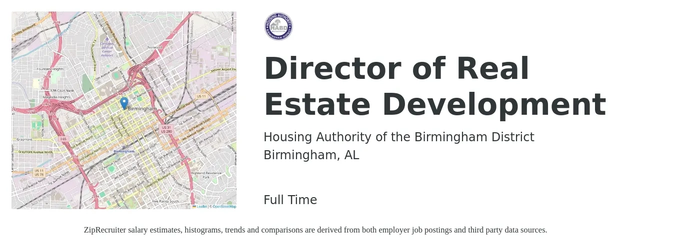 Housing Authority of the Birmingham District job posting for a Director of Real Estate Development in Birmingham, AL with a salary of $84,400 to $135,900 Yearly with a map of Birmingham location.