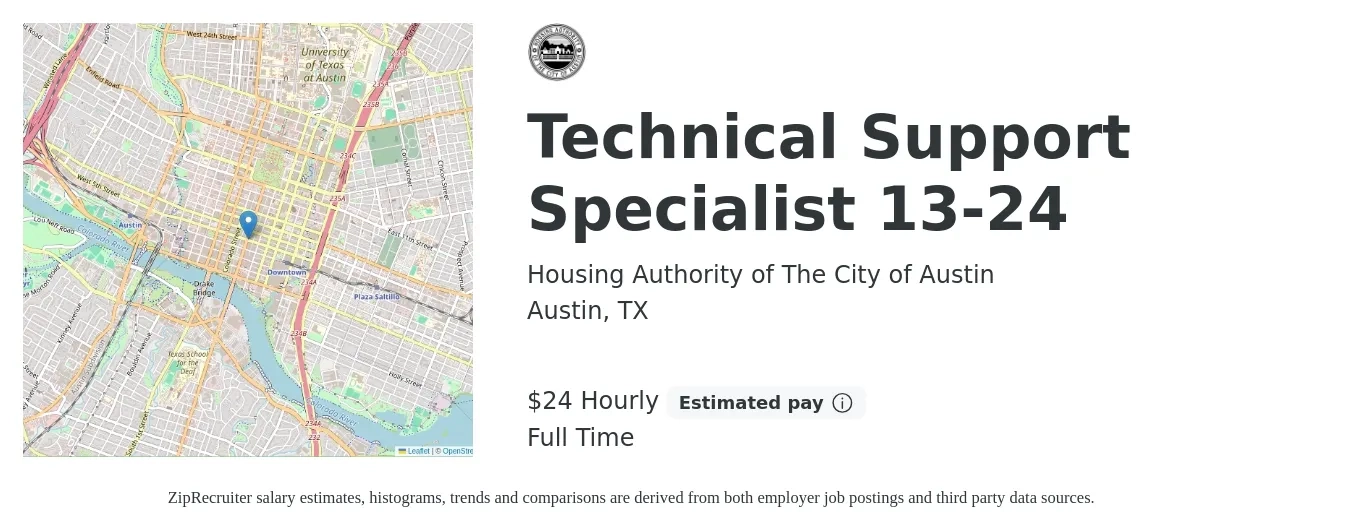Housing Authority of The City of Austin job posting for a Technical Support Specialist 13-24 in Austin, TX with a salary of $25 Hourly with a map of Austin location.