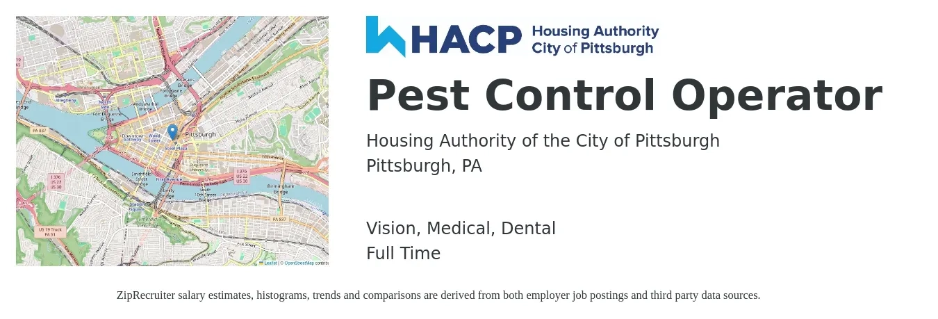 Housing Authority of the City of Pittsburgh job posting for a Pest Control Operator in Pittsburgh, PA with a salary of $33,500 to $46,100 Yearly and benefits including dental, life_insurance, medical, retirement, and vision with a map of Pittsburgh location.