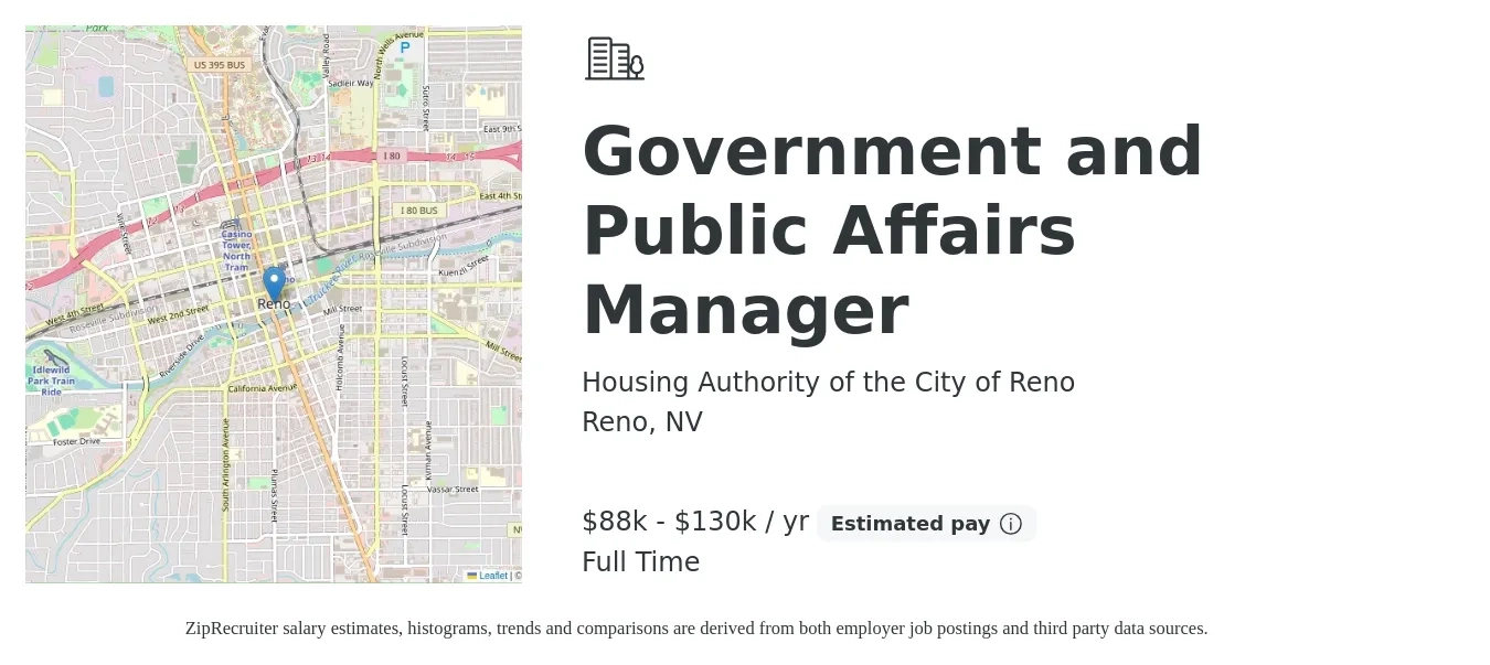 Housing Authority of the City of Reno job posting for a Government and Public Affairs Manager in Reno, NV with a salary of $88,234 to $130,395 Yearly with a map of Reno location.
