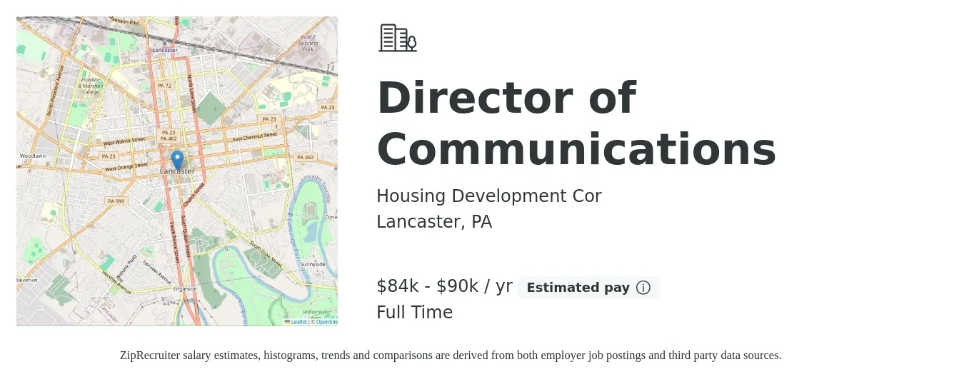 Housing Development Cor job posting for a Director of Communications in Lancaster, PA with a salary of $84,800 to $90,000 Yearly with a map of Lancaster location.