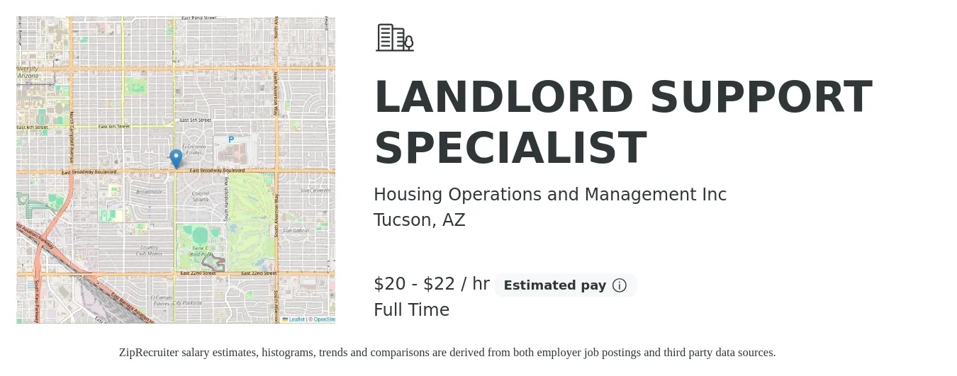 Housing Operations and Management Inc job posting for a LANDLORD SUPPORT SPECIALIST in Tucson, AZ with a salary of $22 to $23 Hourly with a map of Tucson location.