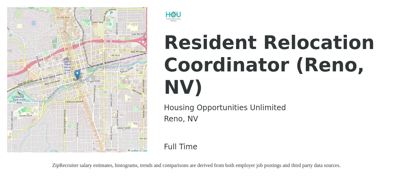 Housing Opportunities Unlimited job posting for a Resident Relocation Coordinator (Reno, NV) in Reno, NV with a salary of $20 to $26 Hourly with a map of Reno location.