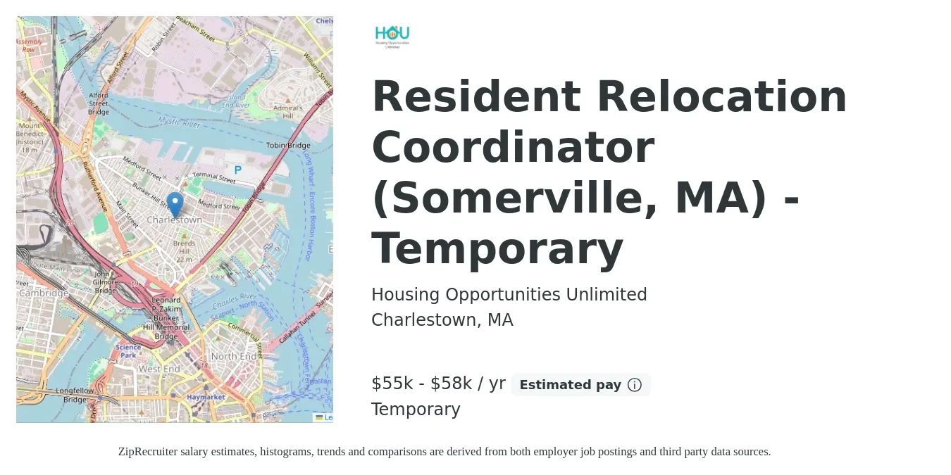 Housing Opportunities Unlimited job posting for a Resident Relocation Coordinator (Somerville, MA) - Temporary in Charlestown, MA with a salary of $55,000 to $58,000 Yearly with a map of Charlestown location.