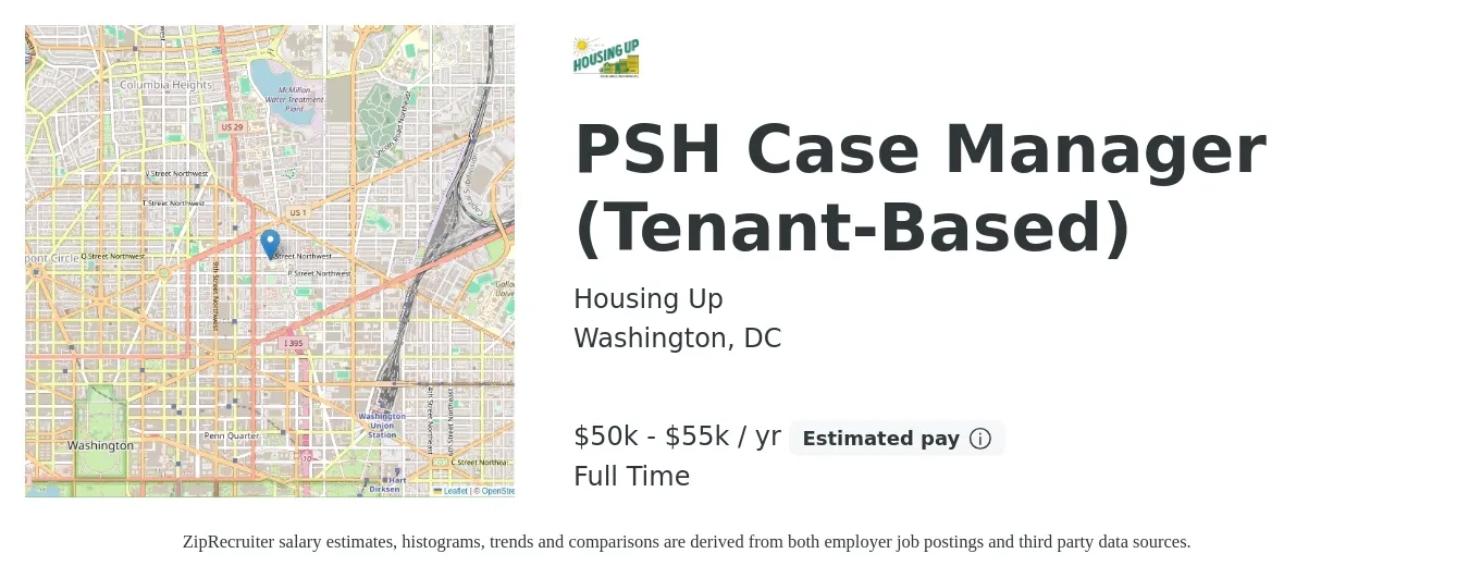 Housing Up job posting for a PSH Case Manager (Tenant-Based) in Washington, DC with a salary of $50,000 to $55,000 Yearly with a map of Washington location.