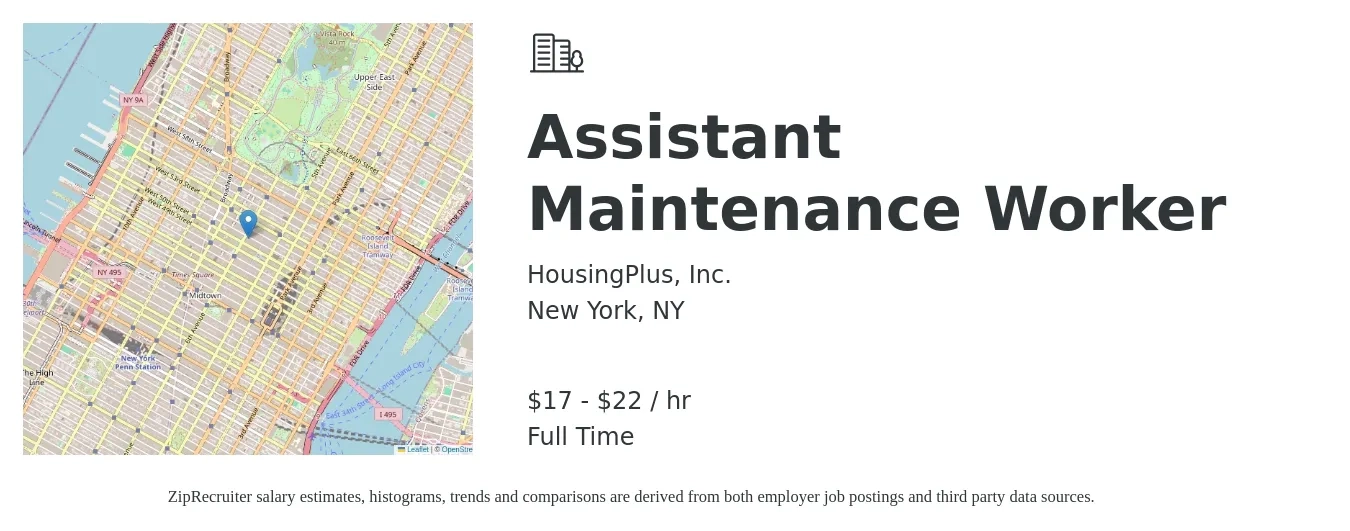 HousingPlus, Inc. job posting for a Assistant Maintenance Worker in New York, NY with a salary of $18 to $23 Hourly with a map of New York location.