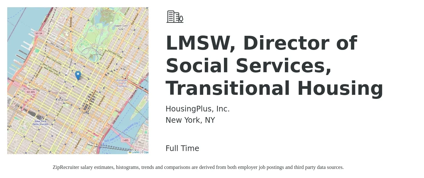HousingPlus, Inc. job posting for a LMSW, Director of Social Services, Transitional Housing in New York, NY with a salary of $85,000 Yearly with a map of New York location.