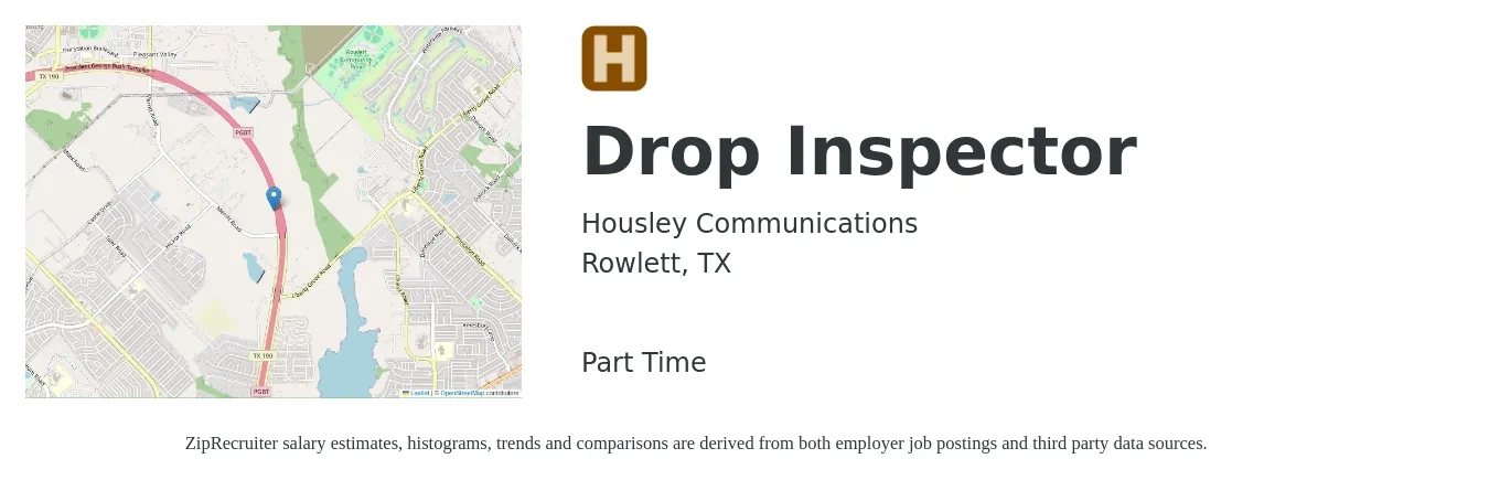 Housley Communications job posting for a Drop Inspector in Rowlett, TX with a salary of $17 to $30 Hourly with a map of Rowlett location.
