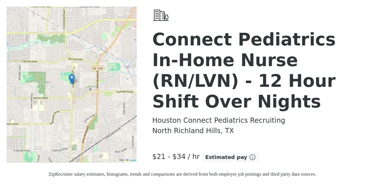 Houston Connect Pediatrics Recruiting job posting for a Connect Pediatrics In-Home Nurse (RN/LVN) - 12 Hour Shift Over Nights in North Richland Hills, TX with a salary of $22 to $36 Hourly with a map of North Richland Hills location.