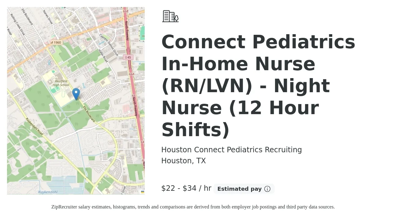 Houston Connect Pediatrics Recruiting job posting for a Connect Pediatrics In-Home Nurse (RN/LVN) - Night Nurse (12 Hour Shifts) in Houston, TX with a salary of $23 to $36 Hourly with a map of Houston location.