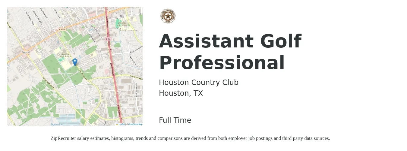 Houston Country Club job posting for a Assistant Golf Professional in Houston, TX with a salary of $14 to $20 Hourly with a map of Houston location.