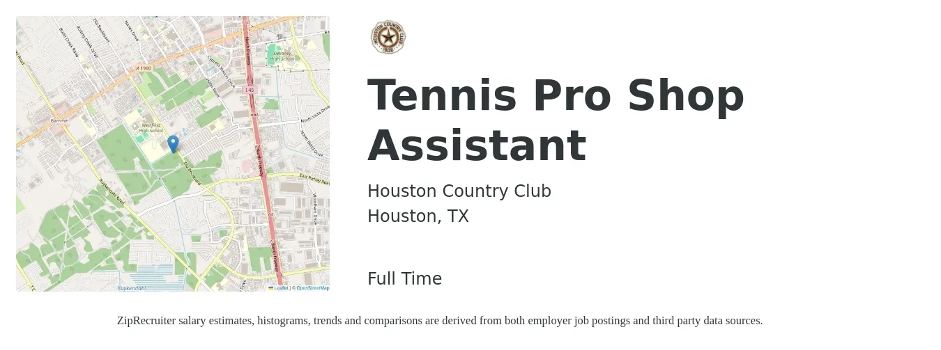 Houston Country Club job posting for a Tennis Pro Shop Assistant in Houston, TX with a salary of $14 to $17 Hourly with a map of Houston location.