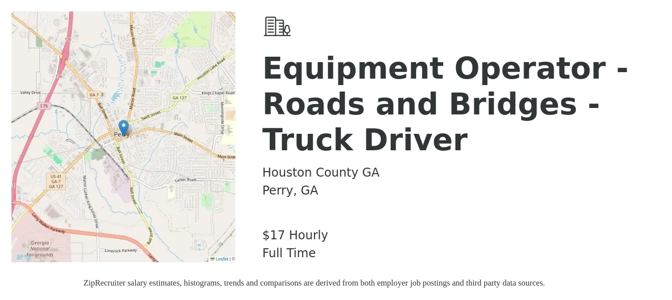 Houston County GA job posting for a Equipment Operator - Roads and Bridges - Truck Driver in Perry, GA with a salary of $18 Hourly with a map of Perry location.